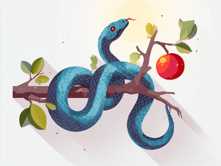 Flat vector style illustration of a blue snake coiled around a branch with a red apple, symbolizing Year of the Snake 2025 or temptation