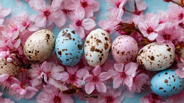 Colorful decorative eggs arranged among pink cherry blossoms for a spring celebration