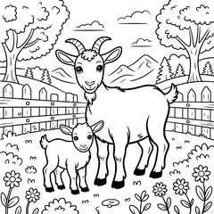 Goat and Kid Farm Yard Animal Scene Coloring Page Illustration