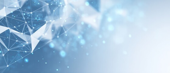 Abstract blue digital network structure with glowing particles and bokeh effects.