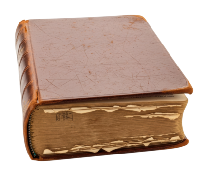 Reading old leather-bound book library educational content isolated on transparent background