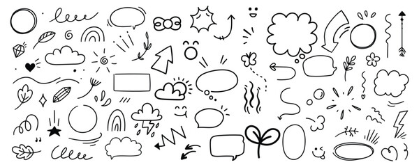 Hand-Drawn Doodle Elements Vector Set – Speech Bubbles, Arrows, Clouds & Sketch Icons