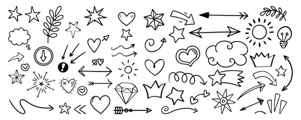 Line arrow, star, heart cute icon elements. Hand drawn sketch heart, arrow, star, flower decoration symbols. Simple sketch line style emphasis, attention, graphic elements. © designer