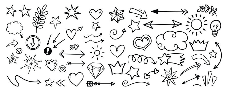 Line arrow, star, heart cute icon elements. Hand drawn sketch heart, arrow, star, flower decoration symbols. Simple sketch line style emphasis, attention, graphic elements.
