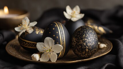 Elegant black Easter eggs decorated with gold patterns and white flowers arranged on a dark plate