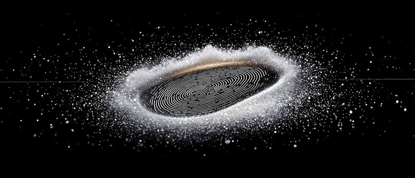 A detailed fingerprint is shown exploding outwards into a cloud of white dust and small particles against a dark background.