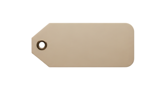 Blank beige cardboard tag with a hole for a string, isolated on transparent background