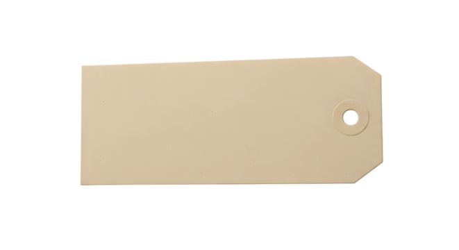 A blank, beige, rectangular paper tag with a hole punch on the right side, isolated on a transparent background