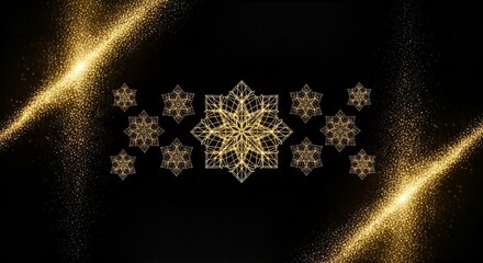 Elegant Golden Snowflakes on Black Background with Glittering Accents.