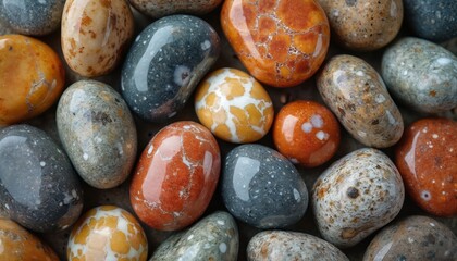 Shiny polished natural stones form colorful background. Tumbled pebbles display unique patterns textures. Different shaped mineral gems create abstract geology surface. Earthy rock collection shows