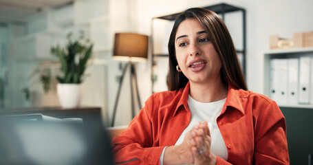 Video call, laptop and business woman in office for creative pitch, story ideas and feedback with editor. Media agency, copywriting and person on computer for virtual meeting, article and publication