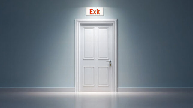 Brightly lit hallway with white closed door and illuminated exit sign above, casting soft shadow and minimal modern interior mood