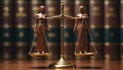 Balanced scales show male and female figures in equal measure against library background. Symbolizes justice fairness gender equity. Represents diversity legal rights and social balance.