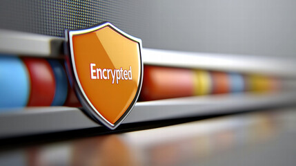 Encrypted shield on computer screen close up protecting colorful data pipe, digital security concept with shallow depth of field and warm tone