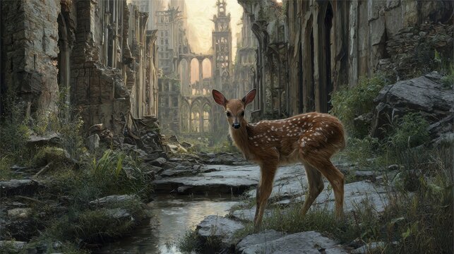 Fawn explores an overgrown ruins in a misty landscape during early morning light - Powered by Adobe