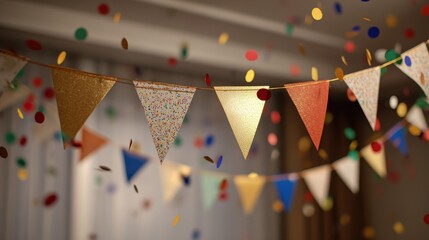 Colorful party decorations with confetti and bunting creating a festive atmosphere during a celebration at home in the evening