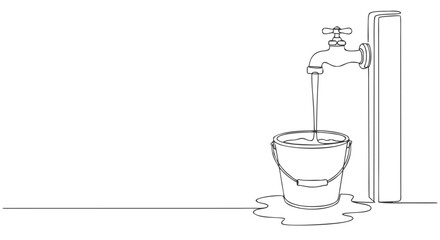Smooth continuous line vector illustration of a water faucet slowly filling a bucket, symbolizing responsible water use and resource preservation