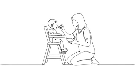Continuous line drawing of a mother lovingly feeding her baby in a high chair, illustrating family care and bonding