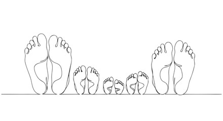 Modern continuous line drawing portraying five pairs of human feet, symbolizing family bonds, growth, and connection with elegant simplicity