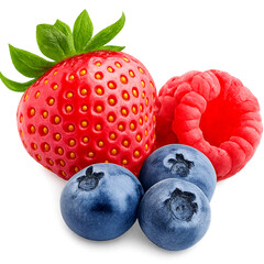 Fresh mixed berries isolated on transparent background – strawberry, raspberry, blueberries in high detail