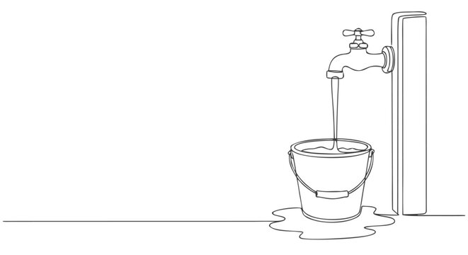 Smooth continuous line vector illustration of a water faucet slowly filling a bucket, symbolizing responsible water use and resource preservation