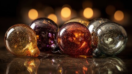 Colorful glass ornaments arranged on a reflective surface with soft warm lights in the background during a festive season