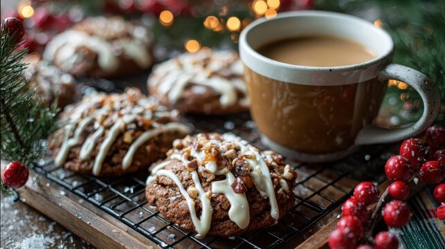 Warm cookies and coffee set on a rustic wooden table surrounded by holiday decorations in a cozy winter setting