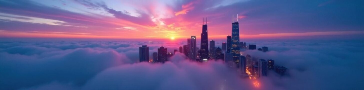 Dense fog shrouds Chicago skyscrapers at twilight , background, golden hour, architecture
