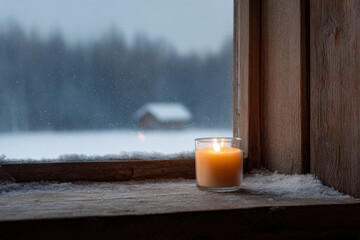 warm candle glowing by rustic wooden window in cozy log cabin during christmas night with gently falling snow