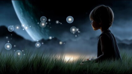 A young boy is holding a handful of glowing orbs in a field. The orbs are floating in the air, creating a sense of wonder and magic. The scene evokes a feeling of innocence and curiosity