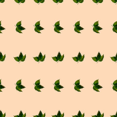 Watercolor pattern with green leaves on peach background. Design for paper, background, menu, poster, textile, wallpaper, business cards.