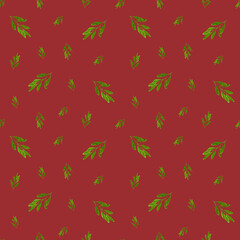 Seamless pattern of olive leaves on burgundy background. Perfect for wallpaper, gift wrap, pattern fill, web page background, summer greeting cards
