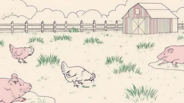 A barnyard scene with chickens, pigs, a fence, and a simple barn