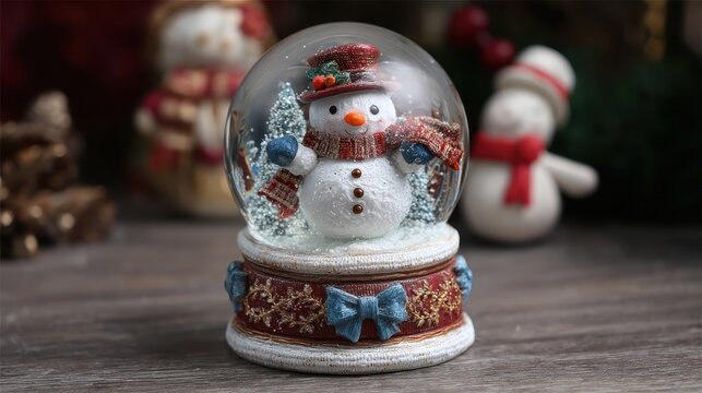 Snowman snow globe with seasonal decorations on a wooden table during winter holiday season - Powered by Adobe