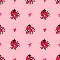 Watercolor pattern with bird and flowers on pink background. Design for paper, background, menu, poster, textile, wallpaper, business cards.