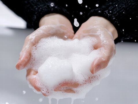 Hands soap foam handwash lather handwashing foam water hygiene clean sink female hand skin bubbles lathered soap suds washing personal care close - Powered by Adobe