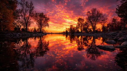 Vibrant sunset reflecting over calm water at a peaceful lakeside location during autumn in the early evening