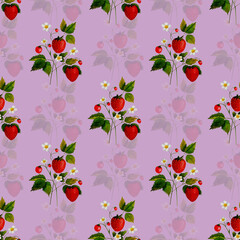 Hand drawn watercolor strawberrys painting on lilac background. Fruit watercolor illustration. Pattern watercolor fruit.