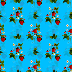 Hand drawn watercolor strawberrys painting on blue background. Fruit watercolor illustration. Pattern watercolor fruit.