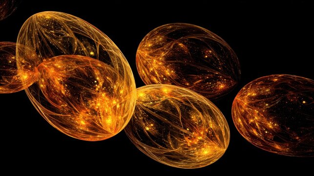 Vibrant fractal design featuring glowing orbs in a dark background created in a digital format showcasing orange and yellow hues