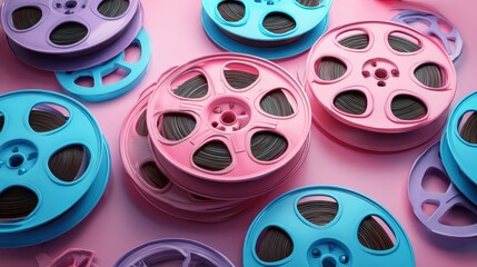 Brightly colored film reels scattered on a vibrant pink surface create a playful and artistic arrangement showcasing retro cinema elements