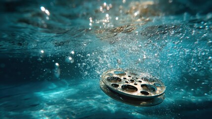 Film reel submerged in clear blue water creating a unique visual effect with bubbles and light reflections enhancing the underwater scene