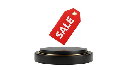A red sale tag hovering above a black podium, isolated on transparent background