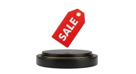 A red sale tag hovering above a black podium, isolated on transparent background