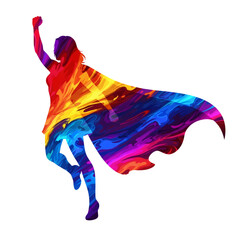Obraz premium Colorful superhero silhouette with cape raised fist art design on transparent background