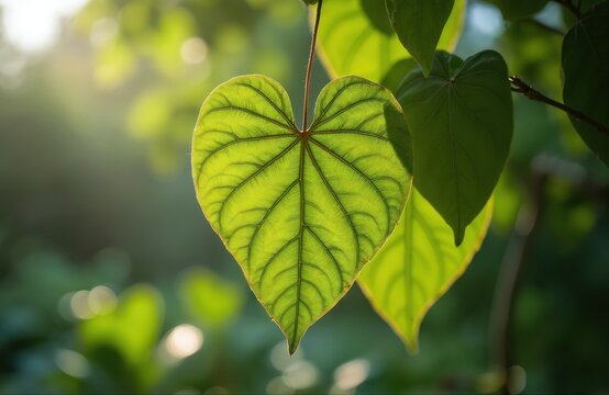Close up photo of heart shaped leaves. The leaves are green with visible veins and illuminated by sunlight. Plant life concept. Natural eco background.