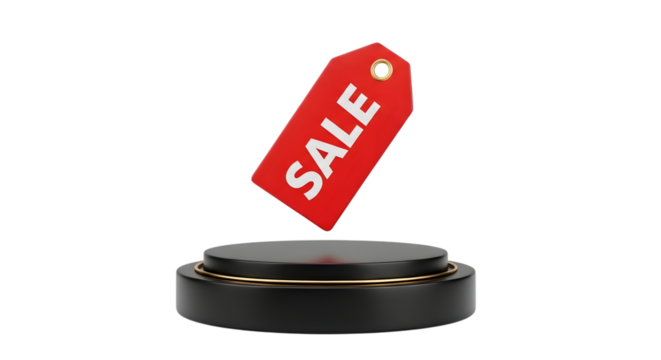 A red sale tag hovering above a black podium, isolated on transparent background - Powered by Adobe