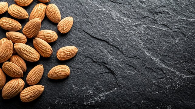 Almonds on a black stone background.
