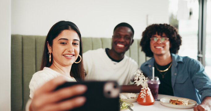 Woman, friends and selfie with smile at restaurant, lunch and reunion with photography for memory. People, students and happy with profile picture for social media post, bonding or fast food at diner