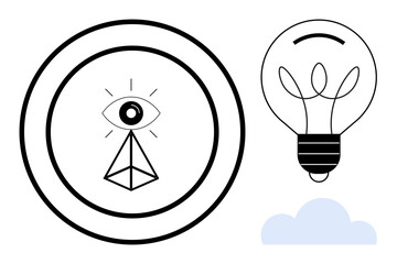 Geometric eye centered in a target, alongside a lightbulb and cloud symbol. Ideal for innovation, idea generation, vision, exploration, creativity, problem-solving, and minimalistic design as